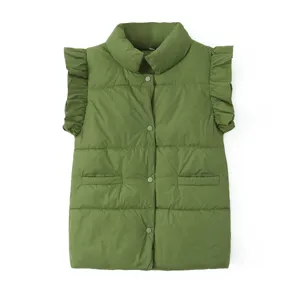 Women winter green ruffle sleeveless stand collar padded vest casual warm outerwear top