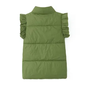 Detail view of women's green stand collar cotton vest with cute ruffle sleeves.