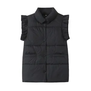 Black puffer vest detail showing ruffle sleeves, stand collar, and snap button closure.