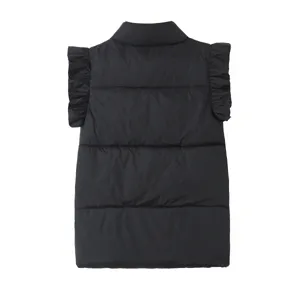 Black stand collar puffer vest for women, casual sleeveless padded waistcoat with ruffle shoulders.