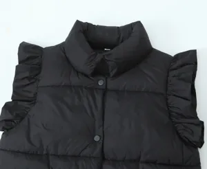 Black winter cotton vest, casual loose plus size outerwear with stand collar and cute ruffle sleeves.