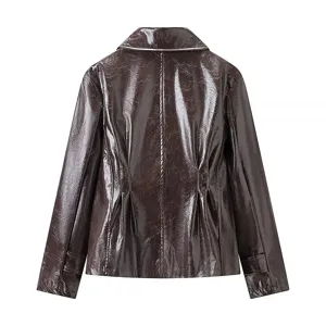 Chaqueta de charol brillante para mujer, elegante abrigo marrón casual, moda de otoño.