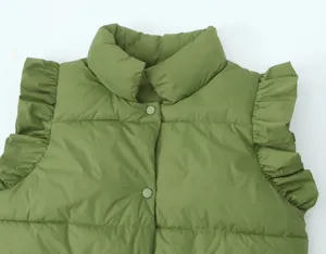 Close-up of olive green padded vest detail, showing stand collar and ruffled sleeveless design.