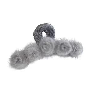 Grey plush hair claw clip for women, winter fuzzy hair catcher, large size hairpin accessory.
