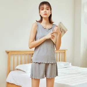 Women summer ice silk loungewear set casual pajama tank top and shorts grey sleepwear