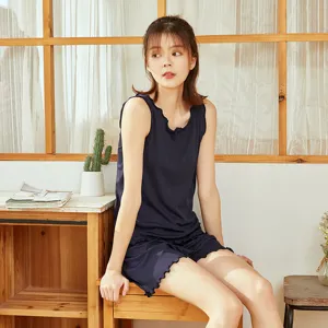 Women ice silk loungewear set, minimalist sleeveless top and shorts, cozy summer casual home wear.