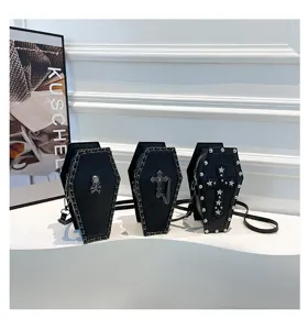 Gothic coffin shaped cross shoulder bag, punk style studded PU leather messenger bag for women