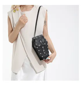 Gothic Coffin Cross Shoulder Bag Retro Punk PU Leather Messenger Bag With Metal Rivets