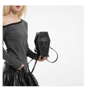 Gothic coffin shaped crossbody bag with cross and chain, trendy punk style shoulder bag for women