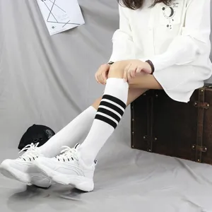 Women Casual Striped Over The Knee Long Socks Japanese Style Cotton Blend Fashion High Tube Stockings Thigh High Socks