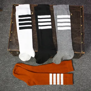 Japanese style high knee socks with four stripes, cotton long socks for women autumn winter.