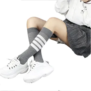 Women grey knee high socks preppy style long cotton hosiery soft comfortable daily wear fashion