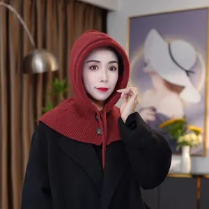 Cozy knitted hooded scarf in rich coffee red, soft winter warm pull-string hat shawl piece.