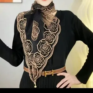 Women Fashion Floral Embroidered Scarf Lightweight Organza Square Scarf With Magnetic Buckle Spring Summer Travel Shawl