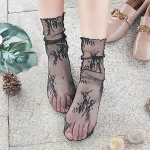 Women black lace jacquard mesh mid-tube socks sweet hollow ruffle breathable hosiery