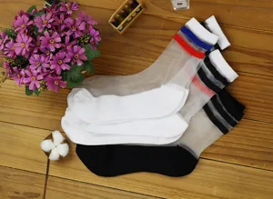 Close-up detail of sheer crystal glass silk socks featuring breathable stripe patterns.