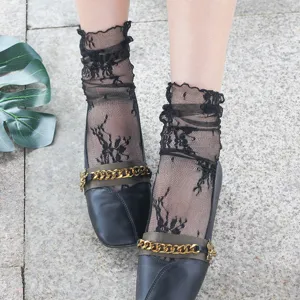Women black lace sheer mesh ruffle socks sweet elegant transparent hosiery short ankle socks