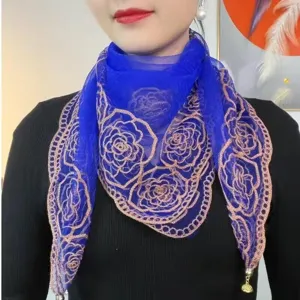 Blue embroidered triangle scarf for women, lightweight sheer fashion spring summer neck wrap.