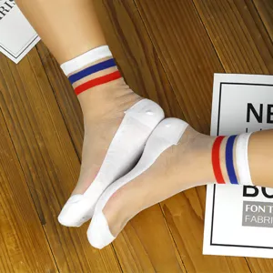 Women Japanese Style Summer Thin Glass Crystal Silk Striped Short Socks Breathable Transparent Ankle Socks Student Stripe Socks