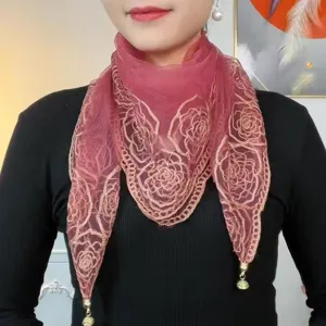 Women spring summer thin triangle scarf elegant rose embroidery mesh fashion neckerchief shawl