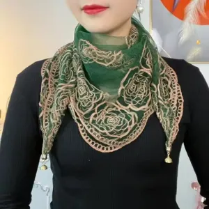 Green sheer embroidered triangle scarf with metal tassels, stylish sun protection wrap for women.