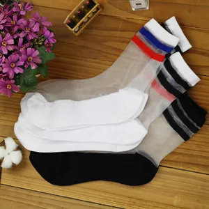 Summer sheer crystal silk short socks with classic stripe designs for women and students.