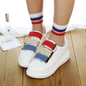 Summer sheer striped short socks for women, thin crystal silk ankle socks with trendy sneakers.
