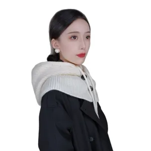 White knitted hooded scarf with drawstring design, stylish winter warm detachable hood for women.