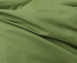 Close-up view of olive green fabric material, showing fine texture and smooth surface weave.