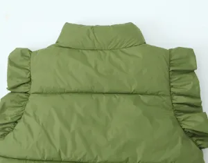 Women Winter Green Puffer Vest Stand Collar Ruffle Sleeves Casual Loose Cotton Outerwear