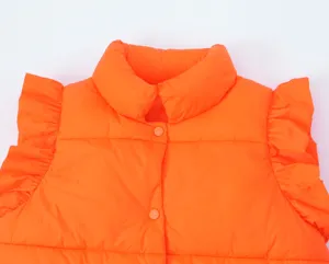 Close-up of women orange stand collar ruffle sleeve padded vest winter fashion casual apparel.