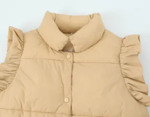 Close-up detail of women casual stand-up collar ruffled sleeve padded vest in khaki.