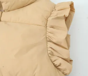 Detail shot of women's winter warm cotton vest with stylish ruffled sleeves and stand collar.
