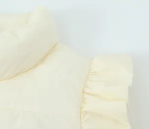 Detailed view of women casual stand collar ruffle sleeve cotton padded vest beige