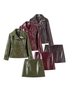 Conjunto De Chaqueta Y Minifalda De Cuero PU Brillante Estilo Europeo Para Mujer Doble Botonadura Manga Larga Top Y Parte Inferior