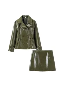 Conjunto de chaqueta y falda de charol brillante para mujer verde oscuro cruzado