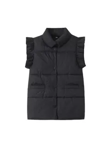 Autumn winter women plus size loose black padded vest with chic stand collar and flutter sleeves.