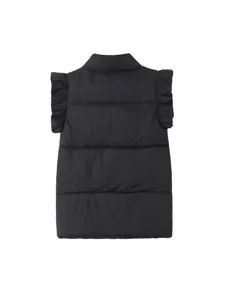 Women casual black winter padded vest with stand collar and cute ruffle sleeves plus size