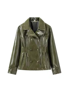 Elegante chaqueta cruzada de charol verde oliva para mujer abrigo corto de otoño nuevo