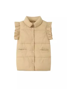 Womens casual stand collar cotton vest with cute flutter sleeves, loose winter outerwear.