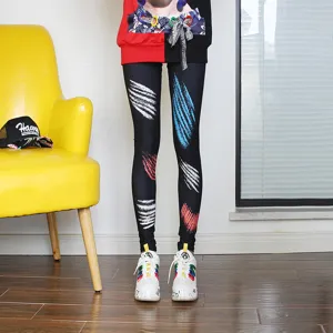 Women black printed leggings casual slim fit stretchy trousers with stylish colorful paint stroke prints.