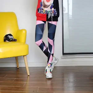 Detailed view of women's geometric printed leggings, high elasticity slim fit design for autumn.