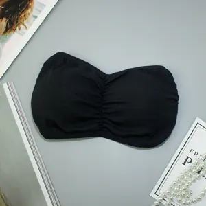 Black strapless bandeau bra, seamless padded short crop top for women daily wear detail view.