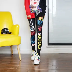 Women fashion black leggings with colorful letter prints slim fit casual stretch pants