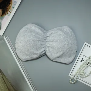 Grey strapless bra, padded seamless tube top, comfortable anti-glare bandeau underwear for women.