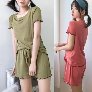 Women Plus Size Summer Pajamas Set Polyester Ice Silk Short Sleeve Top And Bottom Sweet Lettuce Trim Pullover Home Wear Casual Lounge Set