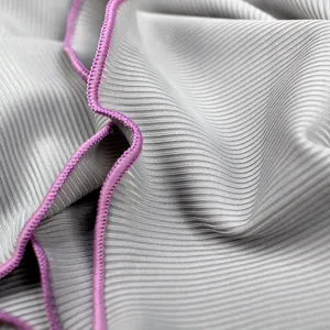 Grey ribbed fabric home wear material with purple edge trim, premium soft textile main image.