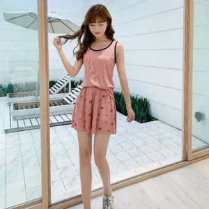 Summer thin ice silk ribbed loungewear set women's sleeveless top and floral print shorts