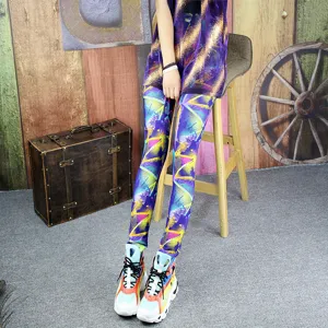 Women's colorful printed stretchy leggings featuring high waist design and slim fit style.