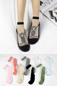 Women crystal silk socks rhinestone sandal design sheer summer short socks multi color pack